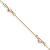14K Tri-Color Puffed Heart 3-Station 7.25 inch Bracelet