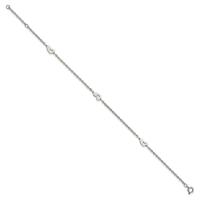 Chisel Stainless Steel Polished Hearts 9 inch Anklet Plus 1 inch Extension