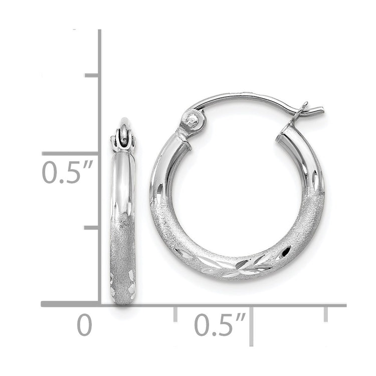 14k White Gold 2x15mm Satin Diamond-cut Round Tube Hoop Earrings