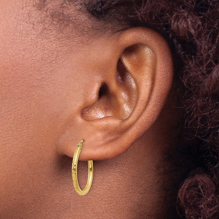 14k 2x20mm Diamond-cut Round Tube Hoop Earrings