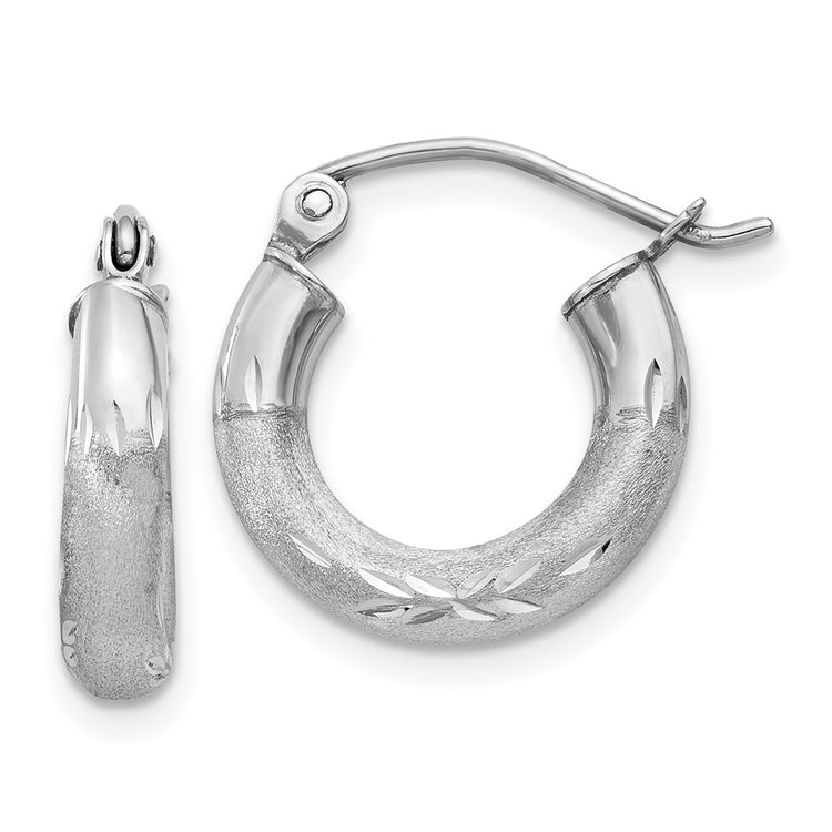 14k White Gold 3x13mm Satin Diamond-cut Round Tube Hoop Earrings