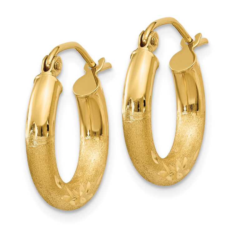 14k 3x16mm Satin Diamond-cut Round Tube Hoop Earrings