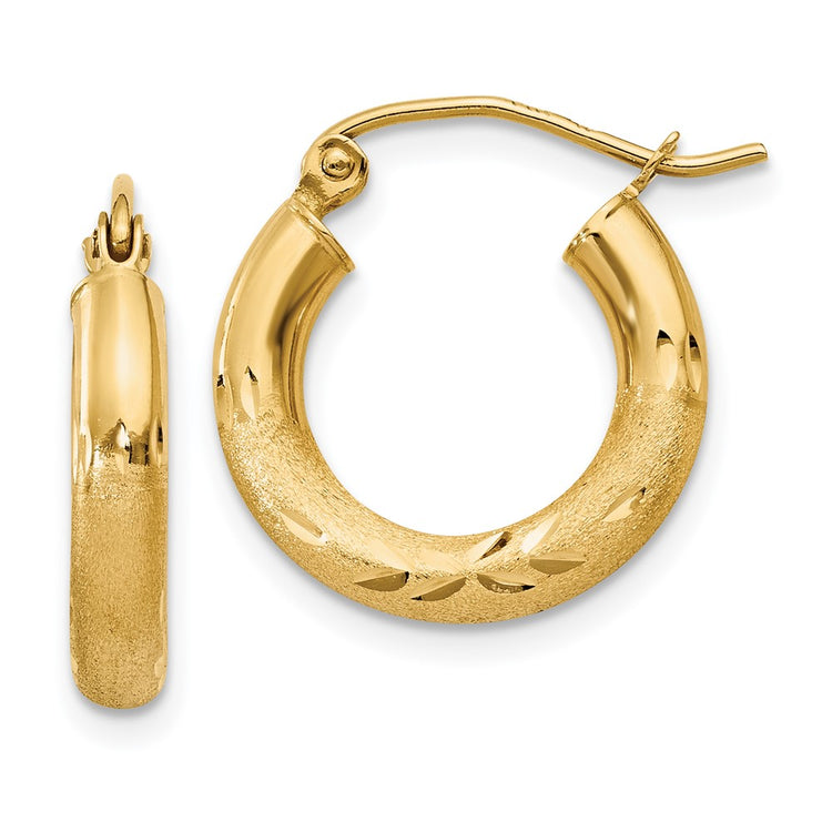 14k 3x16mm Satin Diamond-cut Round Tube Hoop Earrings
