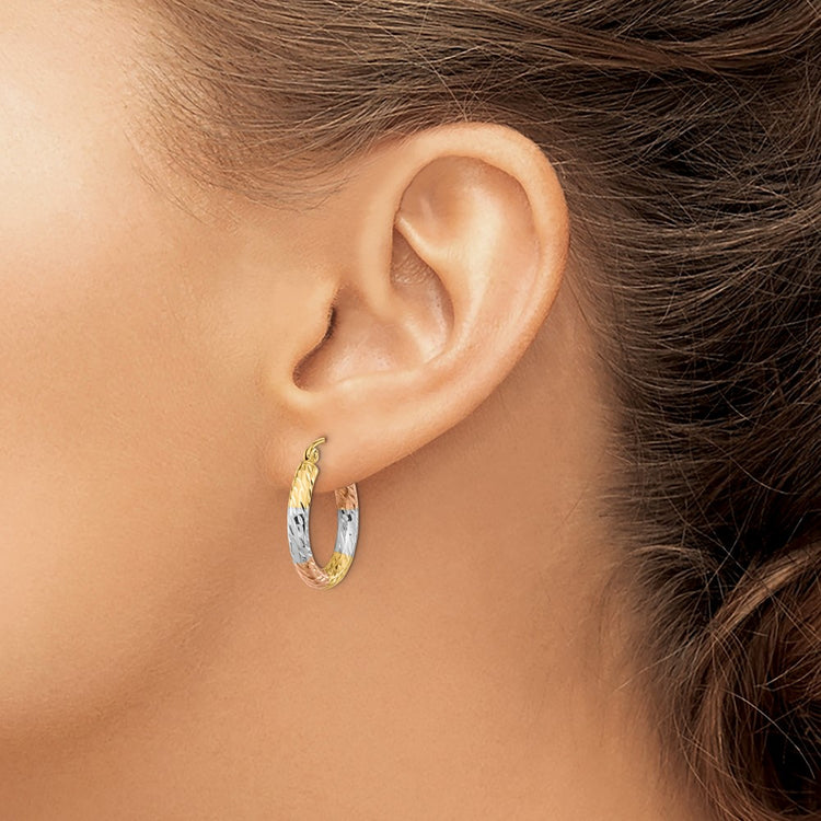 14k w/White and Rose Rhodium Polished Diamond-cut Hoop Earrings