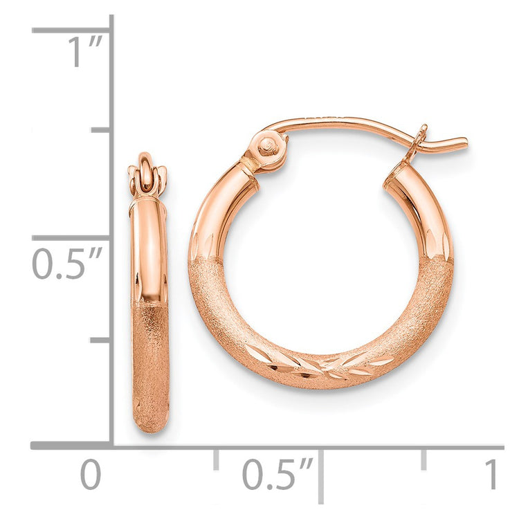 14k Rose Gold 2x15mm Lightweight Satin Diamond-cut Tube Hoop Earrings