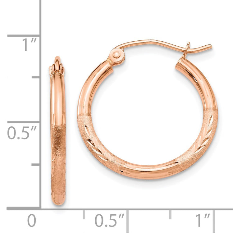 14k Rose Gold 2x20mm Lightweight Satin Diamond-cut Tube Hoop Earrings