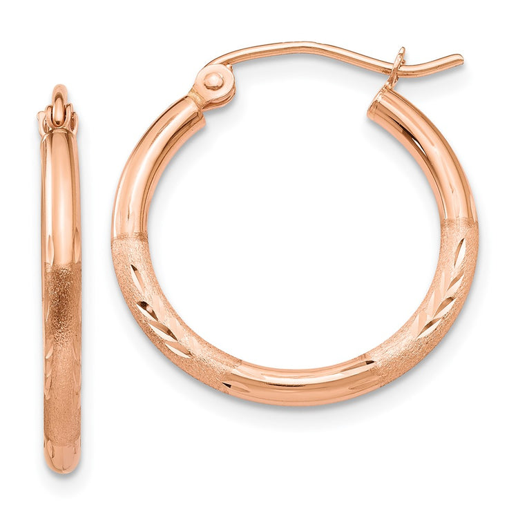 14k Rose Gold 2x20mm Lightweight Satin Diamond-cut Tube Hoop Earrings