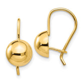 14k 8.00mm Hollow Half Ball Kidney Wire Earrings