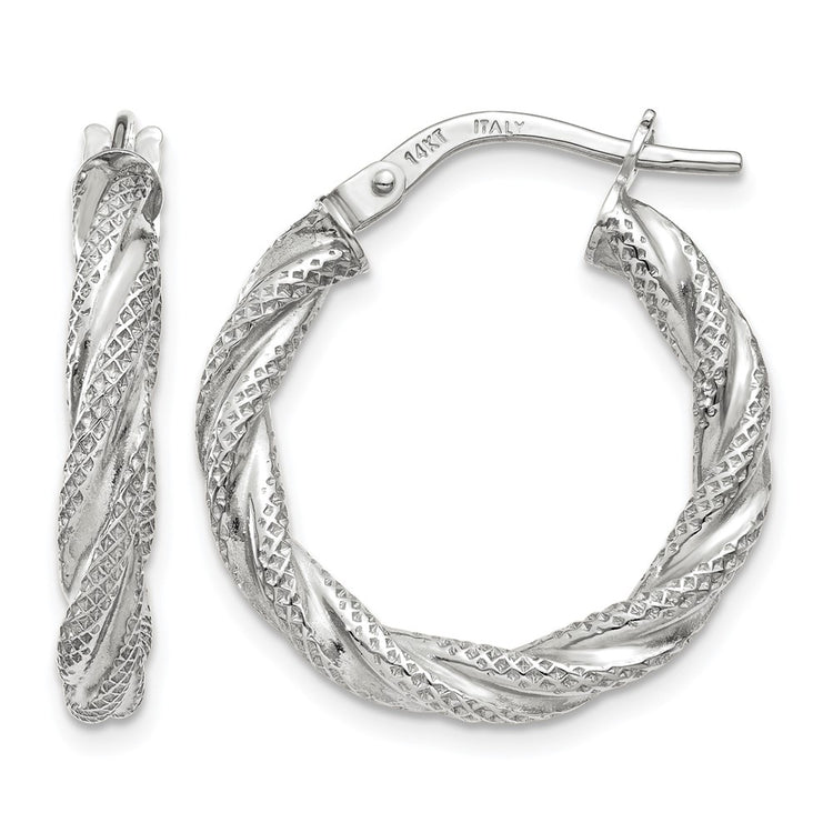 14K white gold twisted textured hoop earrings