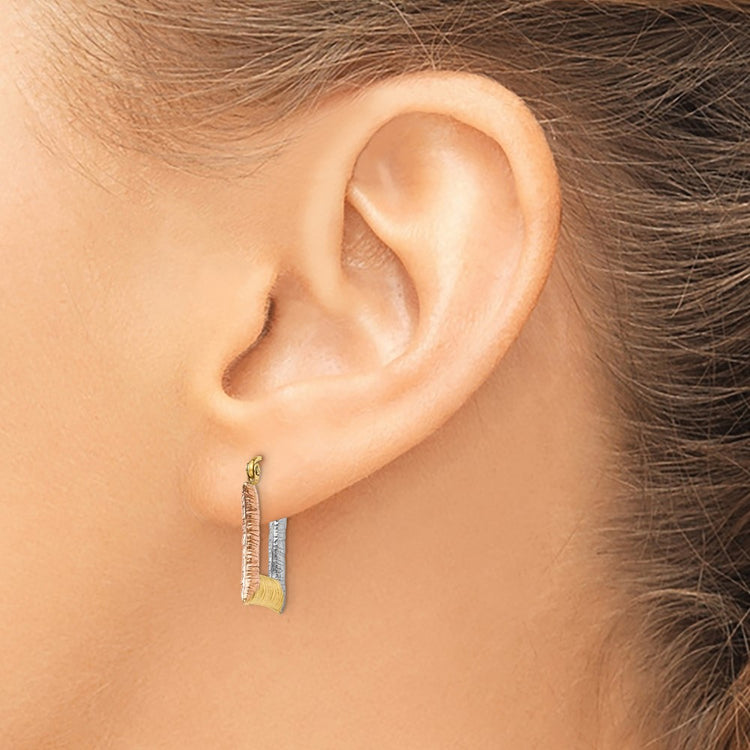 14K & White & Rose Rhodium Hollow Textured Square Hoop Earrings