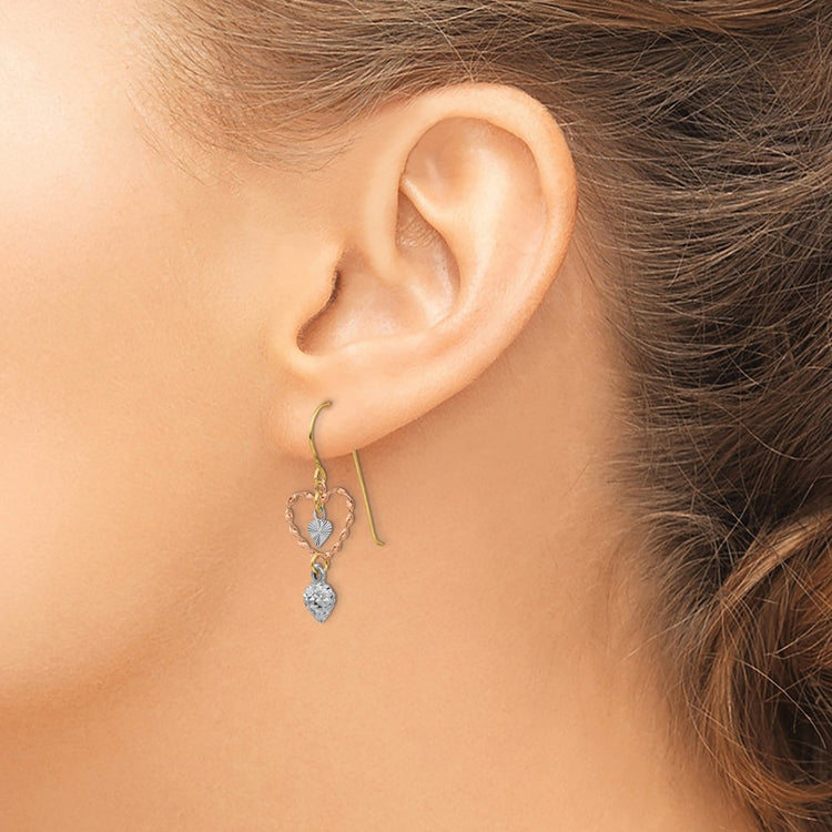 14k Tri-color Diamond-cut Heart Dangle French Hook Earrings
