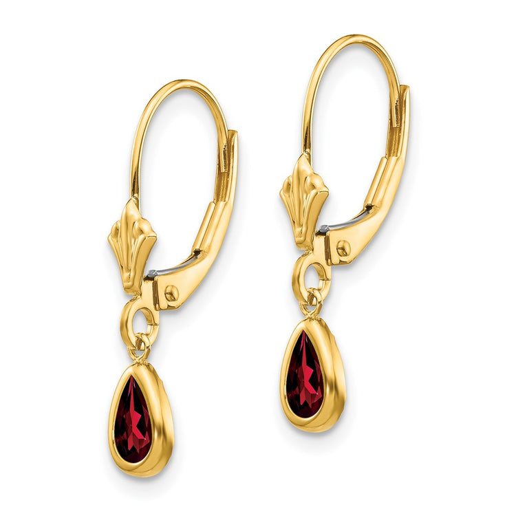 14k 6x4mm Pear Bezel January/Garnet Leverback Earrings