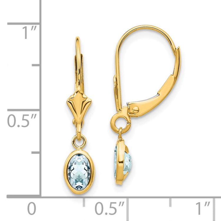 14k 6x4 Oval Bezel March/Aquamarine Leverback Earrings