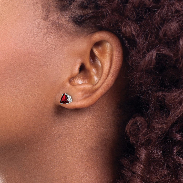 14k White Gold 6mm Trillion Garnet Post Earrings