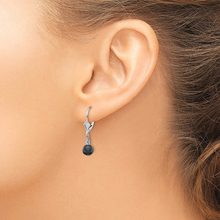 14k White Gold 5-6mm Black Semi-round Freshwater Cultured Pearl Dangle Leverback Earrings