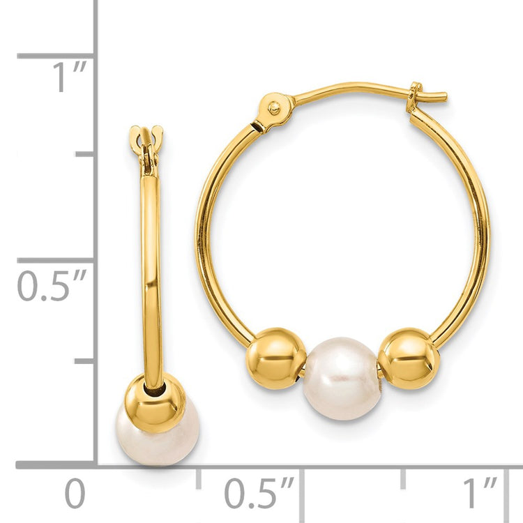 14K 5-6mm White Semi-round Freshwater Cultured Pearl and Beads Polished Hoop Earring