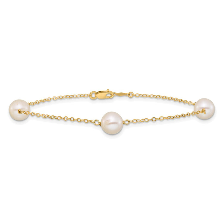 14k 7-8mm White Near-Round Freshwater Cultured Pearl 3-Station 7.25 inch Bracelet