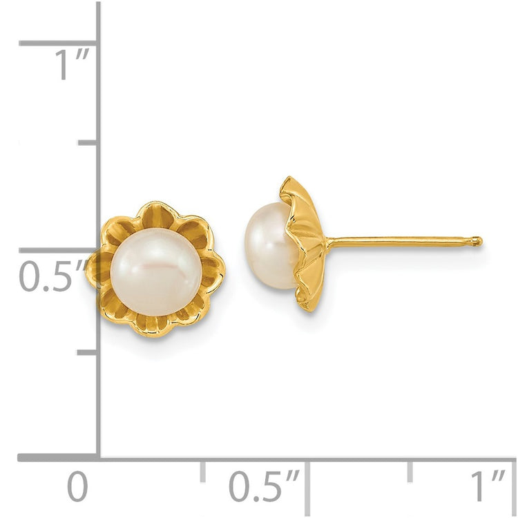 14k 5-6mm White Button Freshwater Cultured Pearl Flower Post Earrings