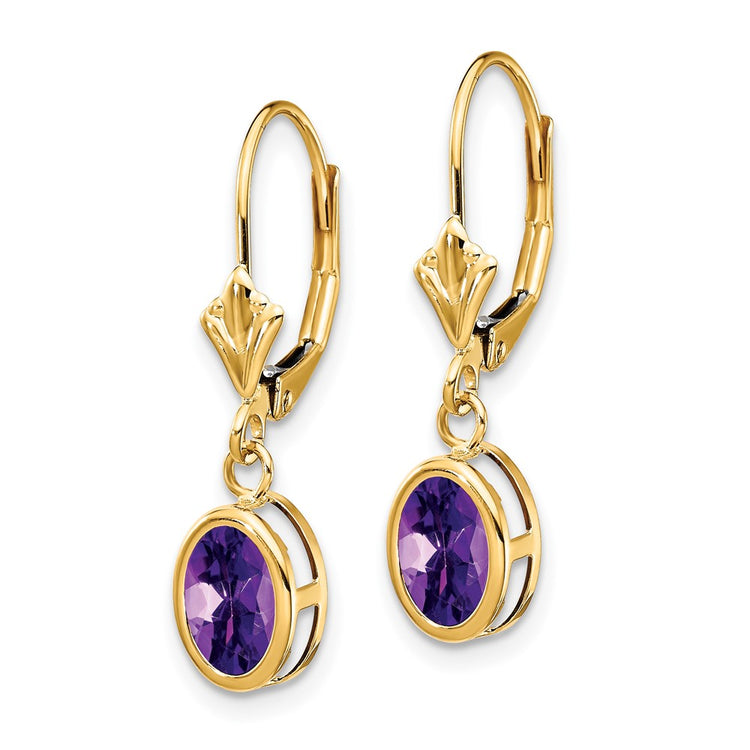 14k 7x5mm Oval Amethyst Bezel Leverback Dangle Earrings