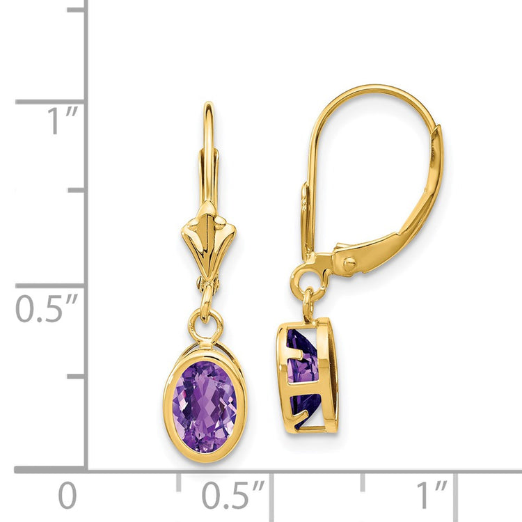 14k 7x5mm Oval Amethyst Bezel Leverback Dangle Earrings
