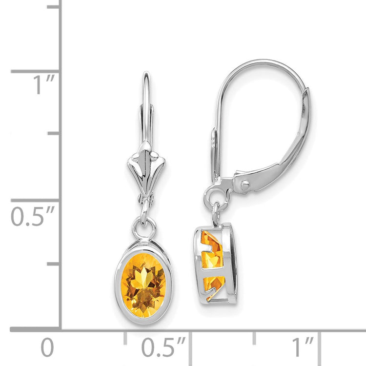 14k White Gold 7x5mm Oval Citrine Bezel Leverback Dangle Earrings