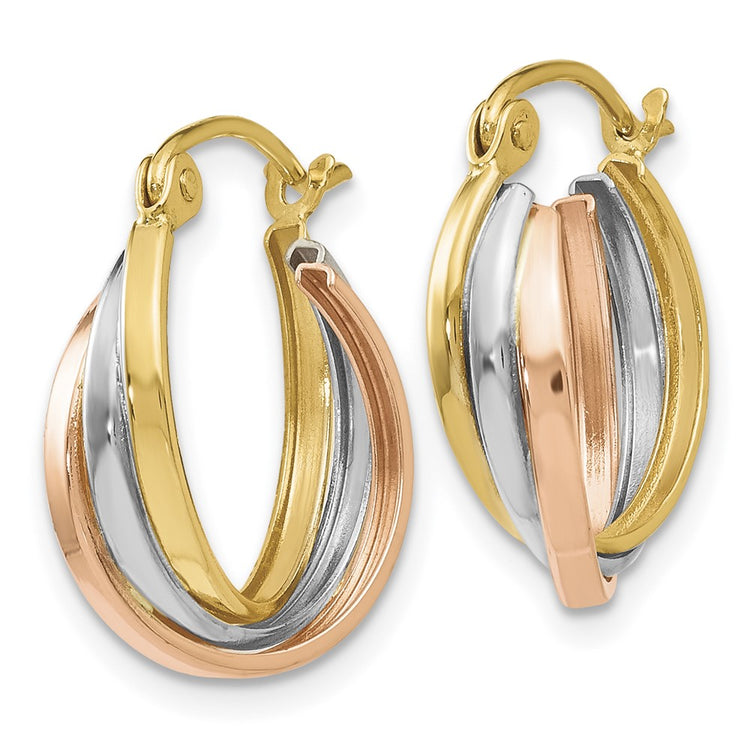 10K Tri-color Polished Hinged Hoop Earrings