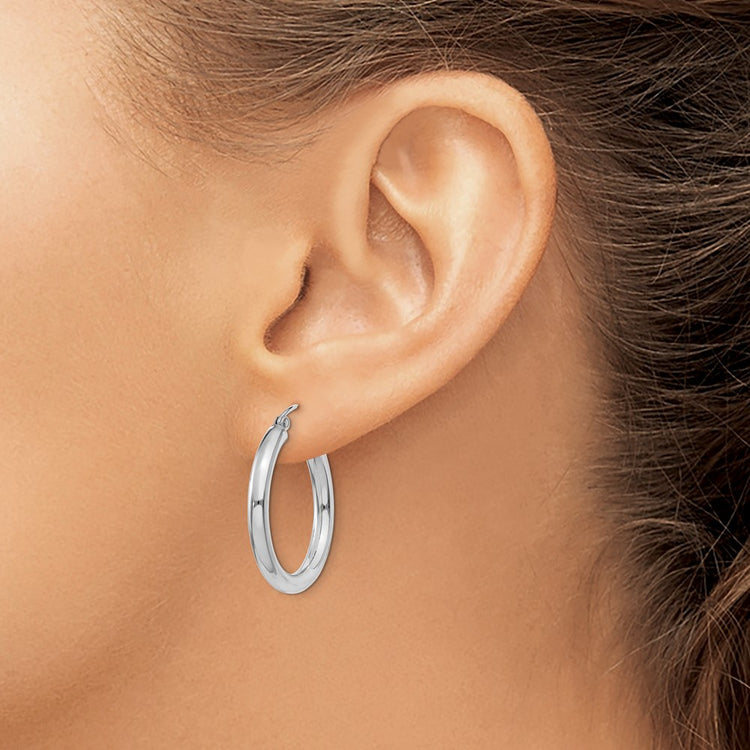 10k White Gold Polished 3mm Lightweight Tube Hoop Earrings