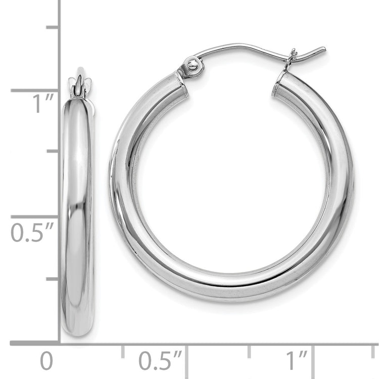10k White Gold Polished 3mm Lightweight Tube Hoop Earrings