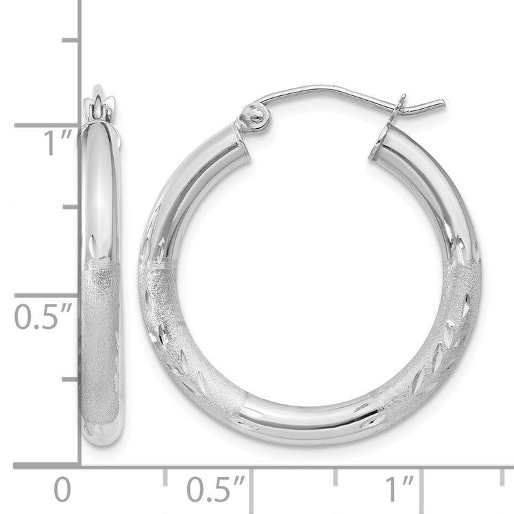 10K White Gold 3MM Thick Satin & Diamond-cut Round Hoop Earrings 0.8 Inches 20MM 1.66 Grams