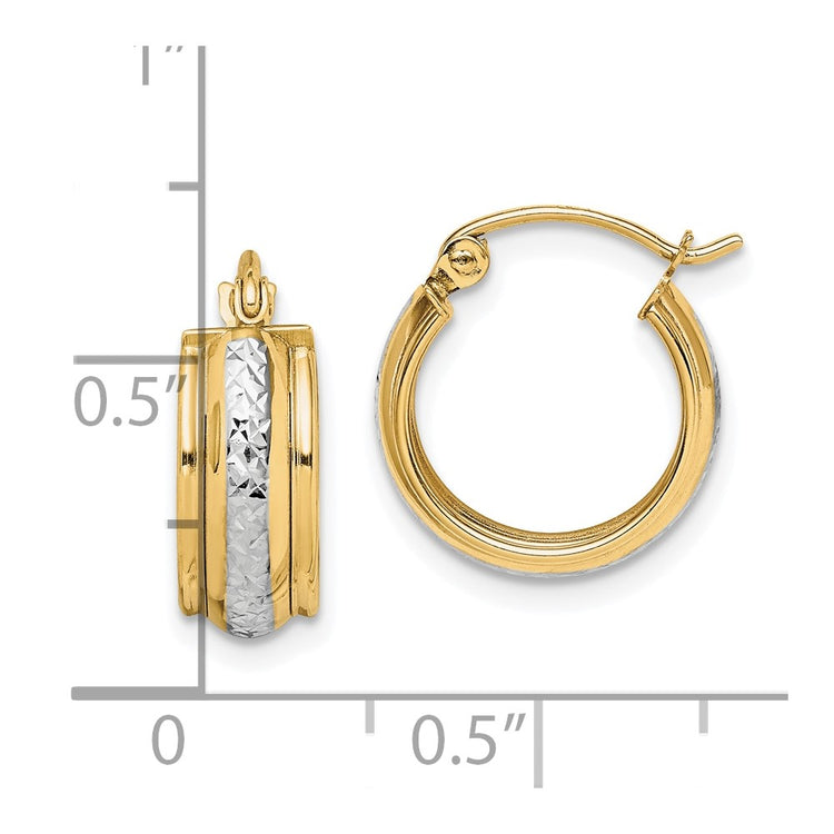 10K & Rhodium Diamond Cut Small Hoop Earrings