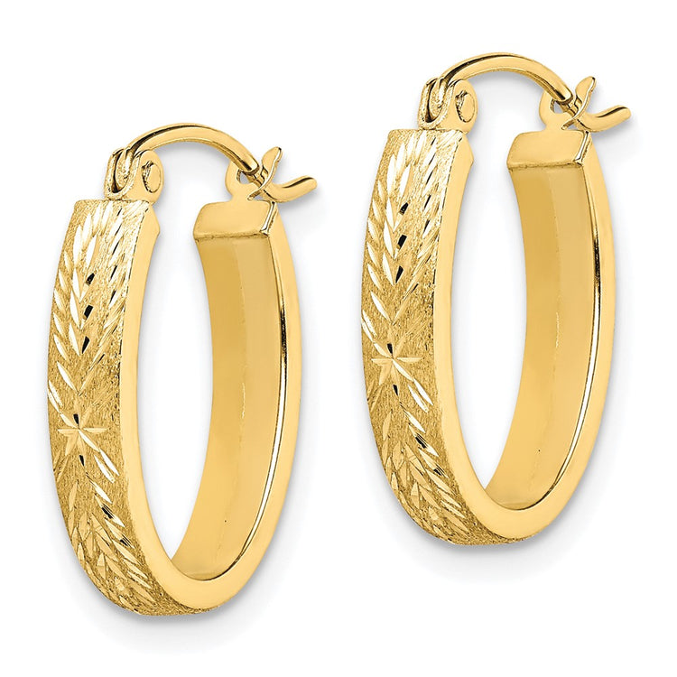 10K Brushed Diamond Cut Oval Hoop Earrings