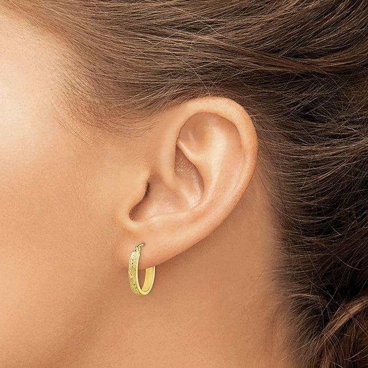 10K Brushed Diamond Cut Oval Hoop Earrings