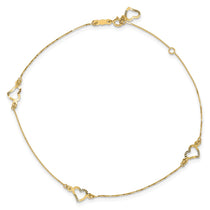 14k Diamond-cut Open Heart 3-Station 9 inch Plus 1 inch Extender - Total 10 inch Anklet