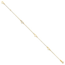 14K Fancy Open Hearts 3-Station 9 inch Plus 1 inch Extender - Total 10 inch Anklet