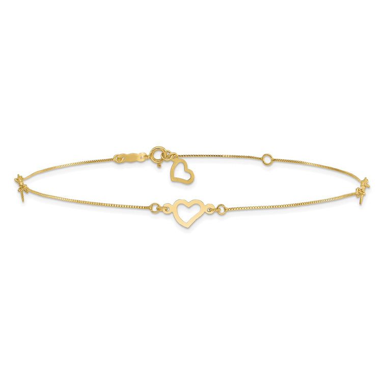 14K Fancy Open Hearts 3-Station 9 inch Plus 1 inch Extender - Total 10 inch Anklet