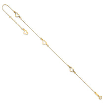 14K Fancy Open Hearts 3-Station 9 inch Plus 1 inch Extender - Total 10 inch Anklet