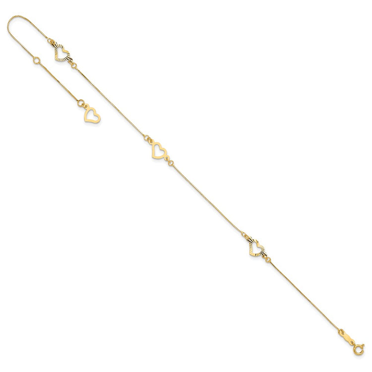 14K Fancy Open Hearts 3-Station 9 inch Plus 1 inch Extender - Total 10 inch Anklet