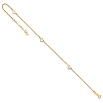 14k Diamond-cut Hearts 3-Station 9 inch Plus 1 inch Extender - Total 10 inch Anklet