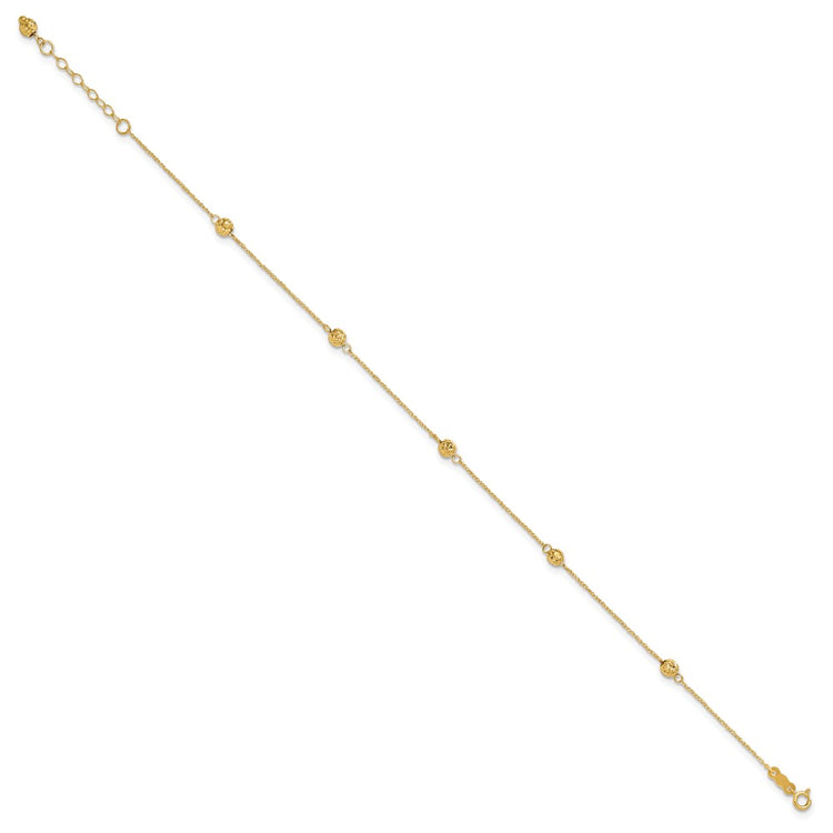14k Diamond-cut Beads 5-Station 9 inch Plus 1 inch Bead Dangle Extender - Total 10 inch Anklet