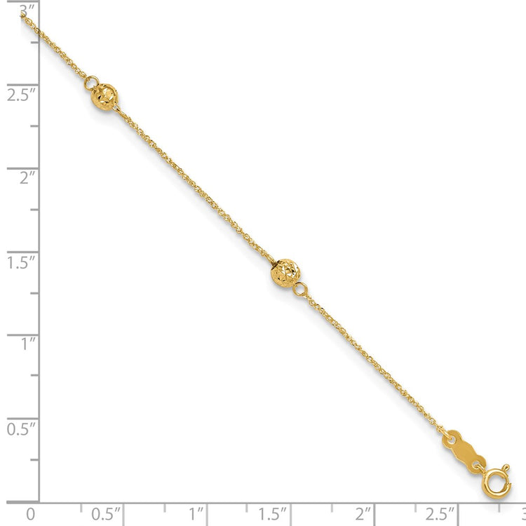 14k Diamond-cut Beads 5-Station 9 inch Plus 1 inch Bead Dangle Extender - Total 10 inch Anklet