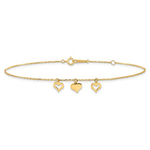 14k Three Heart Dangles 9 inch Plus 1 inch Extender - Total 10 inch Anklet