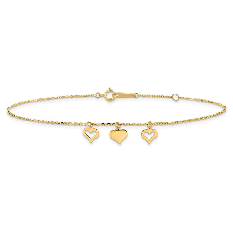 14k Three Heart Dangles 9 inch Plus 1 inch Extender - Total 10 inch Anklet