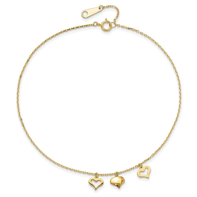 14k Three Heart Dangles 9 inch Plus 1 inch Extender - Total 10 inch Anklet