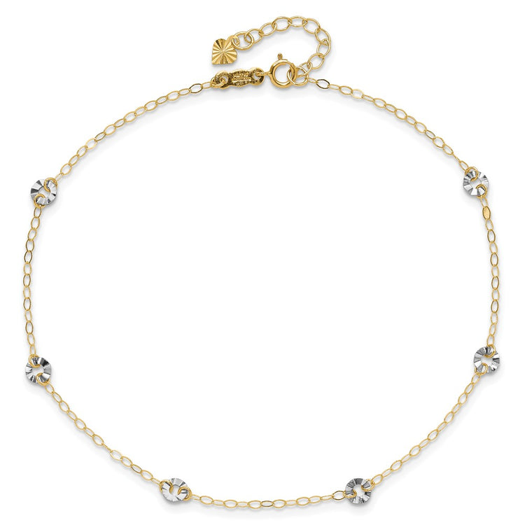 14K Two-tone Chain and Wavy Circles 6-Station 9 inch Plus 1 inch Extender - Total 10 inch Anklet