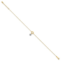 14K Two-tone Circle with Diamond-cut Puffed Heart Dangle 9 inch Plus 1 inch Extender - Total 10 inch Anklet