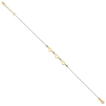 14K Two-tone Three Hearts and Diamond-cut Beads 9 inch Plus 1 inch Extender - Total 10 inch Anklet