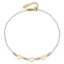14K Two-tone Three Hearts and Diamond-cut Beads 9 inch Plus 1 inch Extender - Total 10 inch Anklet