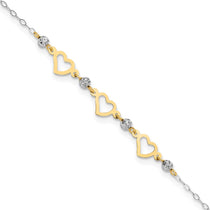 14K Two-tone Three Hearts and Diamond-cut Beads 9 inch Plus 1 inch Extender - Total 10 inch Anklet