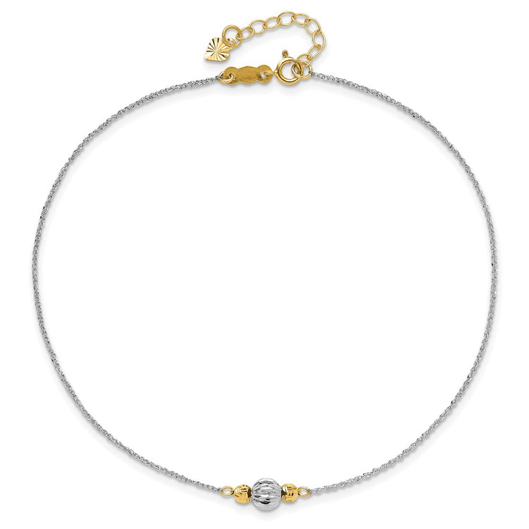 14K Two-tone Chain and Diamond-cut Beads 9 inch Plus 1 inch Extender - Total 10 inch Anklet
