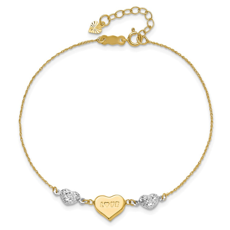 14K Two-tone Puffed LOVE Heart and Diamond-cut Beads 7 inch Bracelet Plus 1 inch Heart Dangle Extender